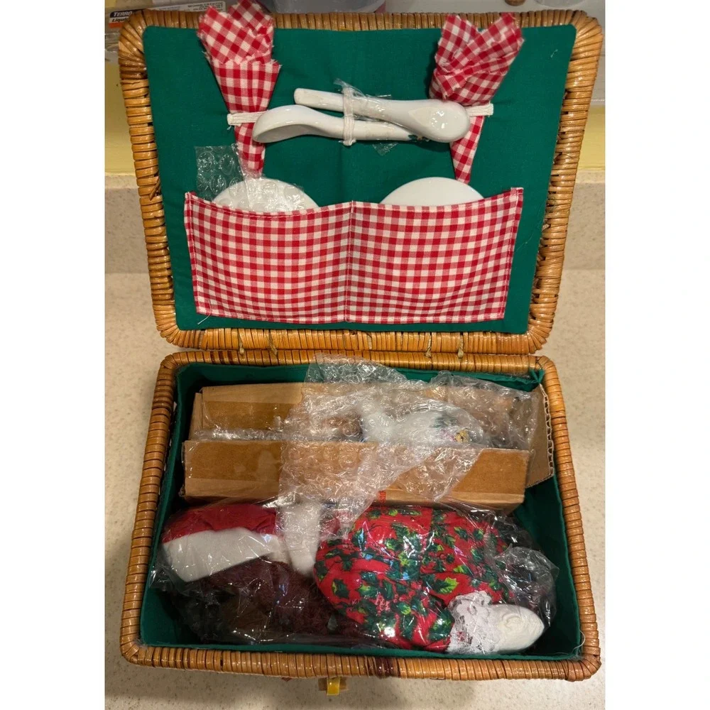 Christmas Tea Set Child's Teddy Bear Porcelain Set with Basket and Doll